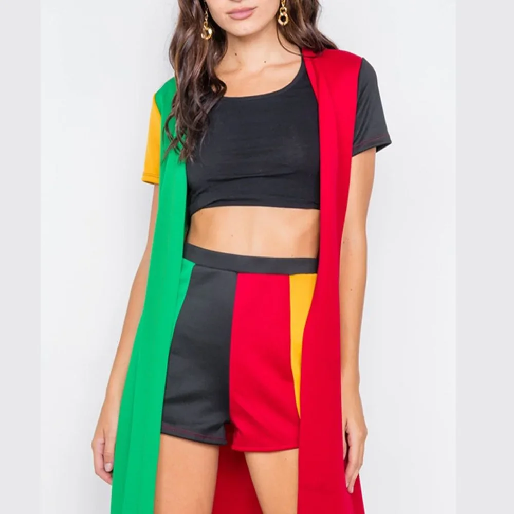 90's Girl Colorblock Short Sleeve Trench Coat and Shorts Set - Picture 3 of 6